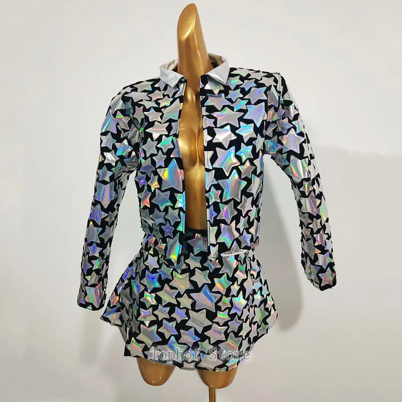 

Silver Laser Sequins Mini Skirt Jacket Set Nightclub Bar Party Show Stage Wear Women Singer Dancer Performance Costume Birthday