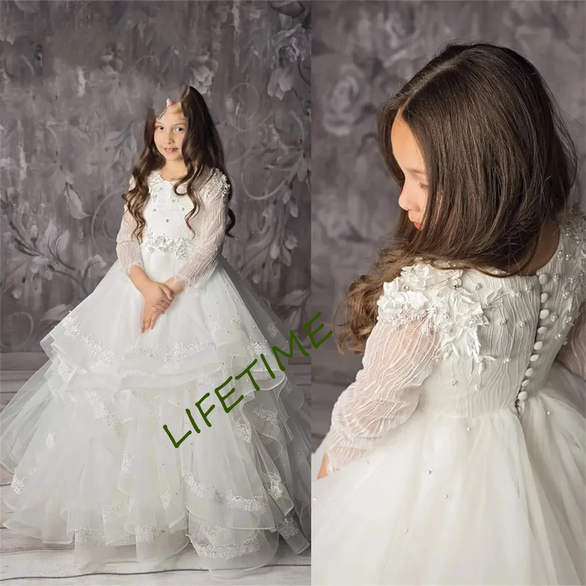 Flower Girl Dress White Fluffy Tulle Lace Decal Full Sleeve Wedding Elegant Flower Children's First Communion Gathering Dress