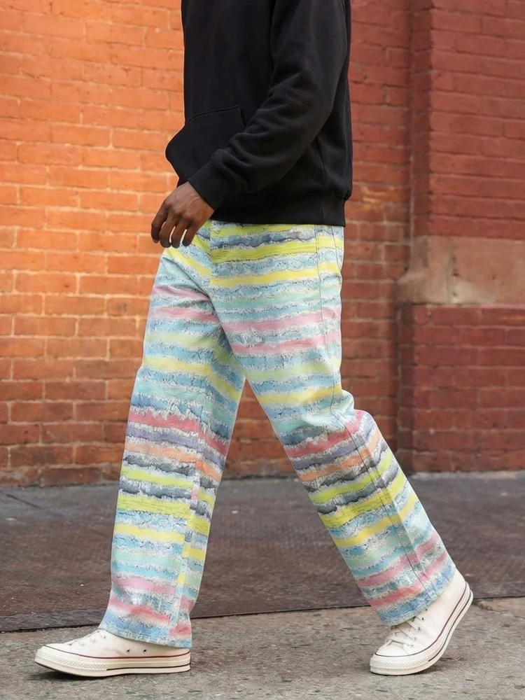2026 Ropa Y2K Fashion 3D Striped Printed Patchwork Baggy Jeans Pants For Men Clothing Straight Long Trousers Pantalones Hombre