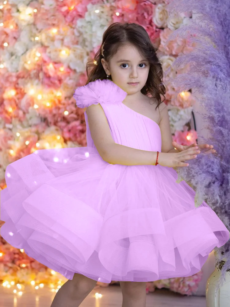 

Puffy Purple Flower Girl Dress For Wedding Tulle Sleeveless Knee Length Princess Birthday Party First Communion Ball Gowns