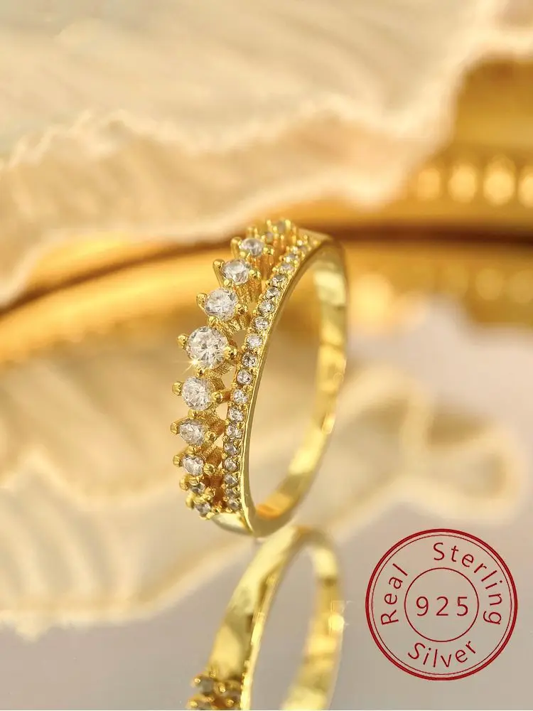 

925 Sterling Silver Golden Double Row Small Crown Zircon Ring For Women Engagement Wedding Luxury High Quality Jewelry