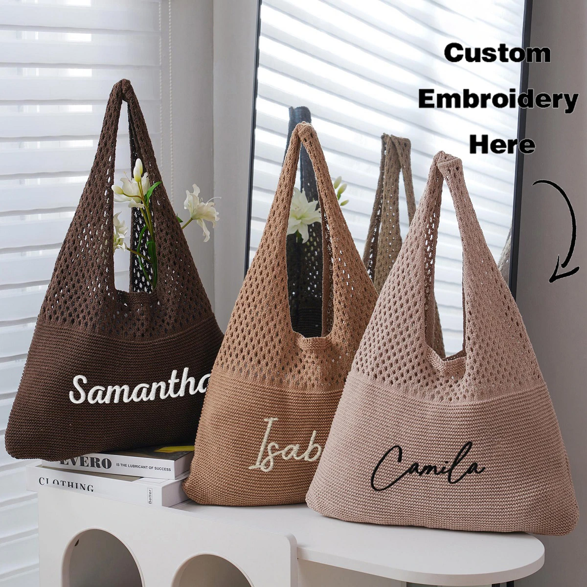

Custom Name Knit Crochet Shoulder Bag, Breathable Mesh Tote Pouch, Perfect for Summer Beach, Great Bridesmaid Gifts for Weddings