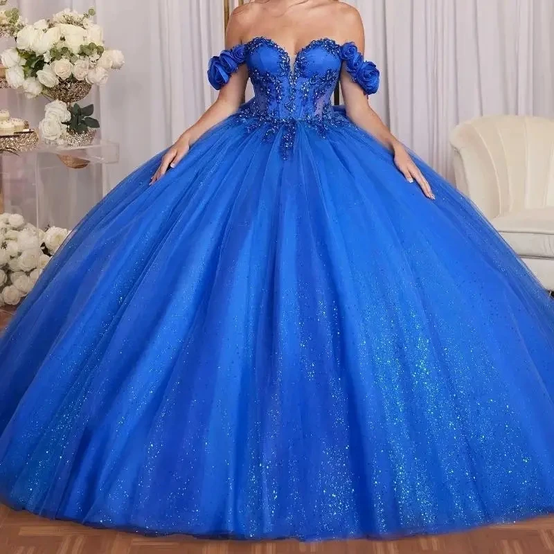 

Mexican Royal Blue Quinceanera Dresses Ball Gown Off The Shoulder Beading Crystals Flower Tull Corset Sweet 16 Dress Vestido De