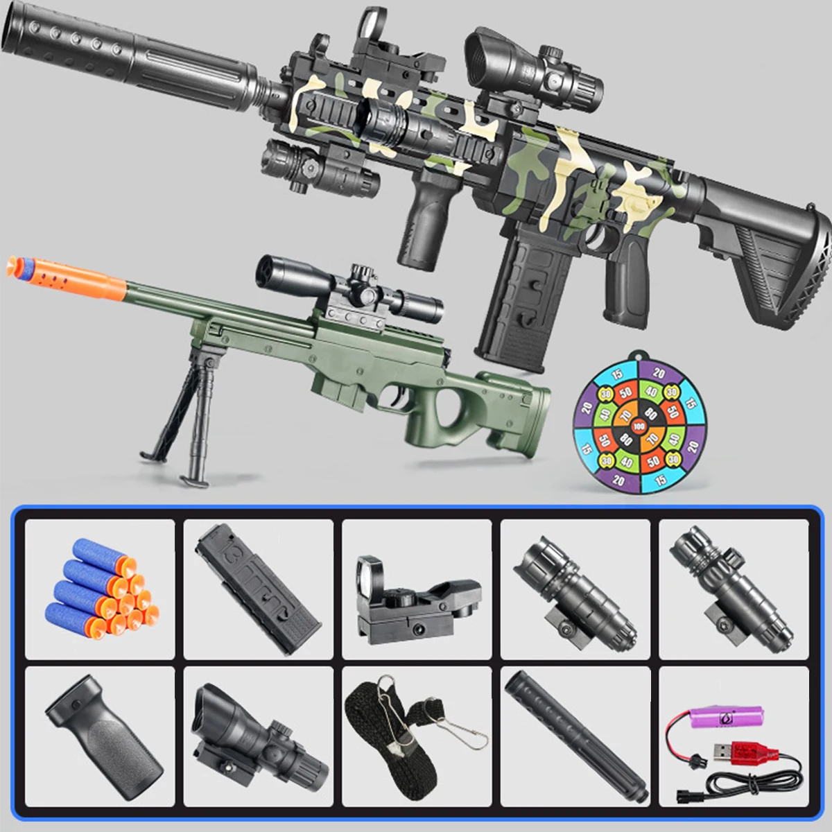 

Electric M416 Children's Toy Set Can Fire Continuously with 40 Rounds of & Soft Bullets & Magazine & Scope & Flashlight, Etc