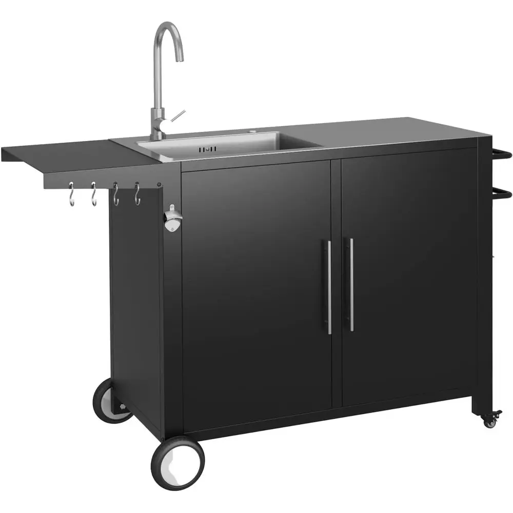 

Portable Outdoor Stainless Steel Kitchen Island with Sink, Hose Connection, and Lockable Wheels