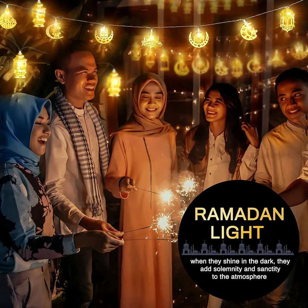 BFYLE 10 LED Decoraciones doradas de Ramadán Decoración Eid Linterna de luna y estrella Luces de Ramadán con pilas, Cadena de luces para fiesta de Ramadán
