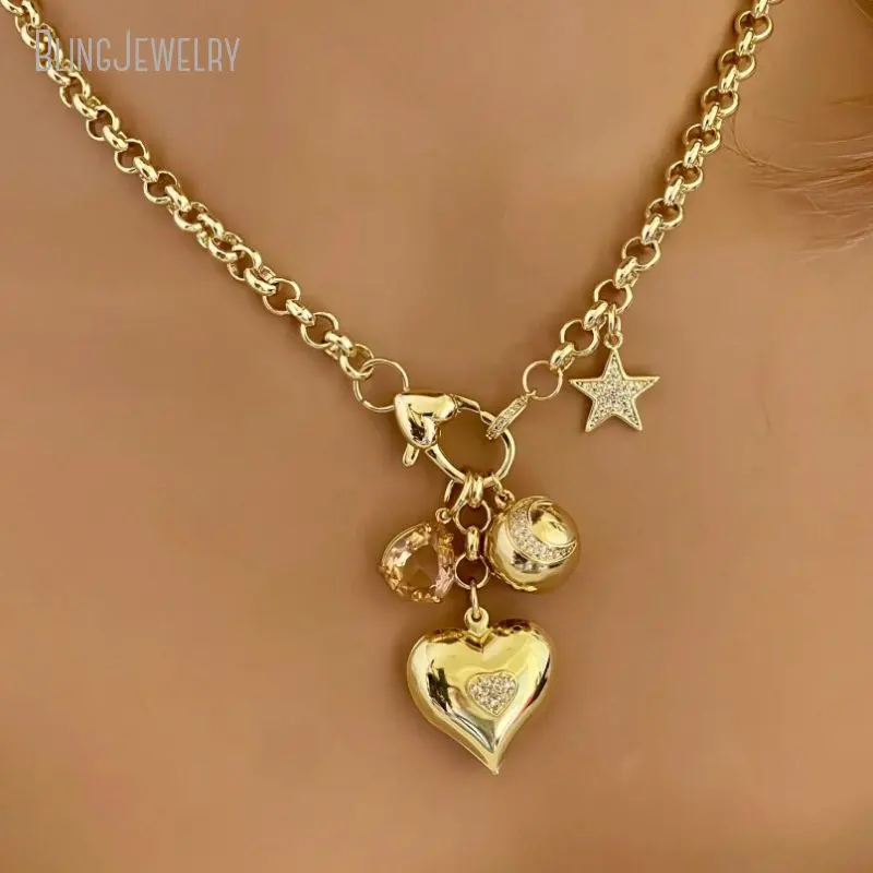 10pcs Women Jewelry Gold Color Multi Charm Necklace Peach Crystal Pendant Moon Heart Pendant CZ Star Charm Rolo Chain Jewelry