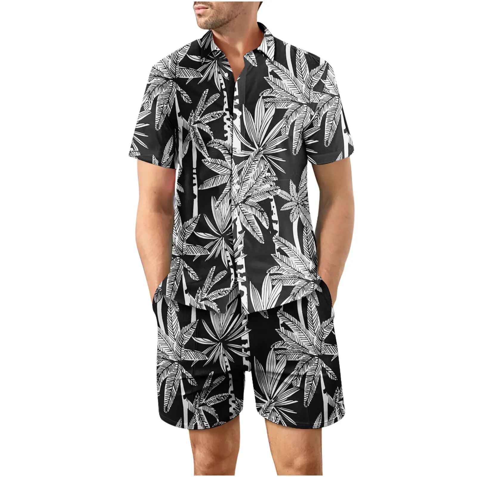 3D coconut tree print summer beach shirt men\'s set Hawaii outdoor dress casual short sleeved shirt+shorts 2-piece set