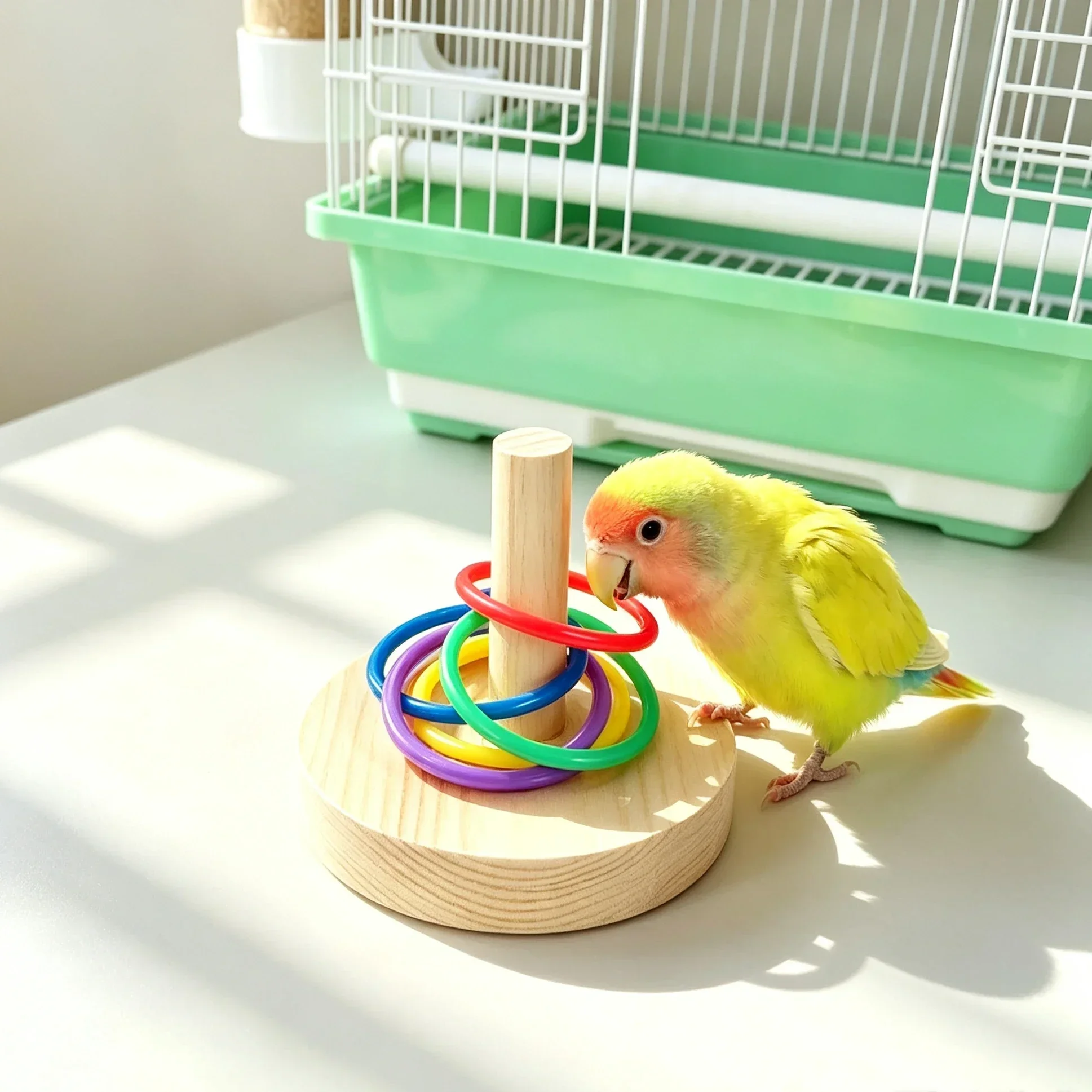 Wooden Interactive Parrot Ring Toy Educational Exercise Stimulating Fun Playtime for Parrot Parakeet Bird Toys Random Color