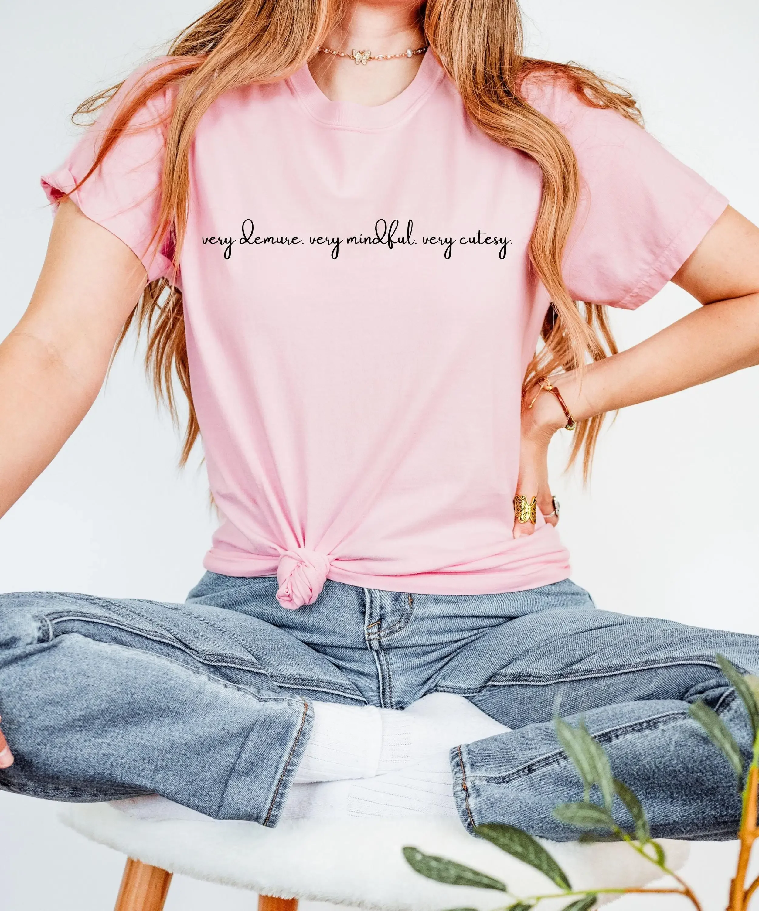 Very Demure Mindful Cutesy Coquette Cursive Text Soft Girl Feminine Strong Women Comfort Colors Heavy Weight Cotton T Shirt