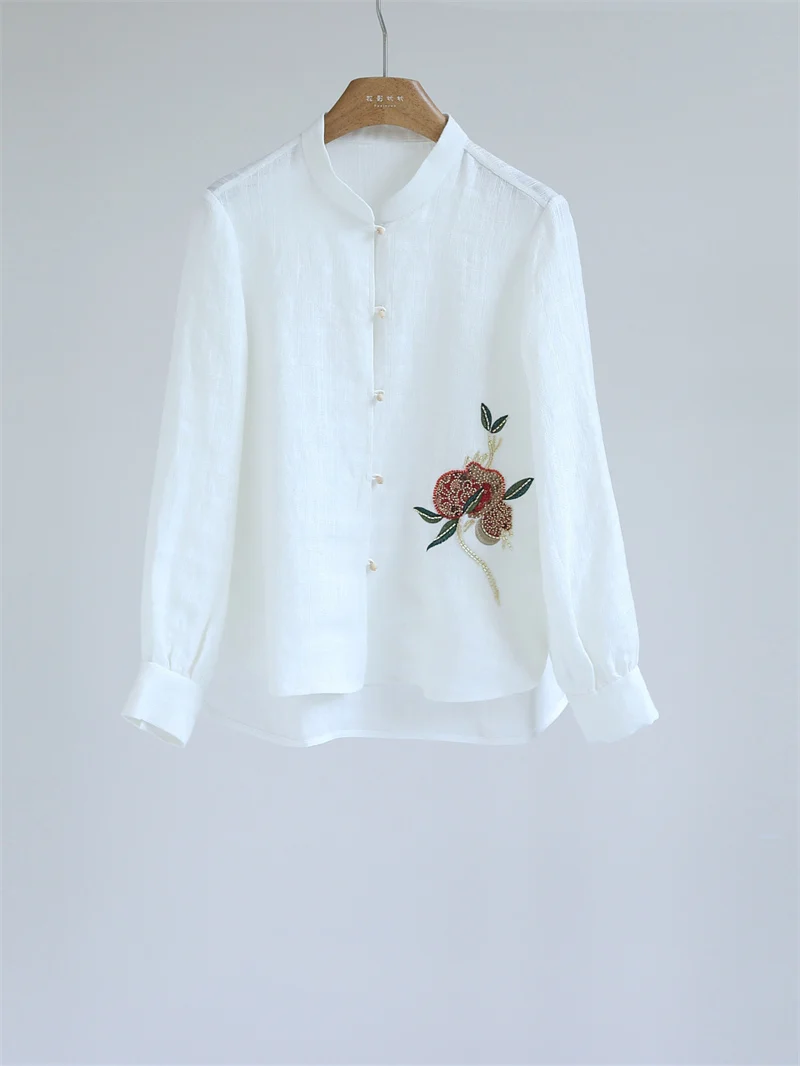 Nueva Camisa Casual de Lino para Mujer, Estilo Chino, Cómoda, con Cuello Alto Bordado, Decorada con Perlas, Diseño de Fruta de Dátil Roja D6002