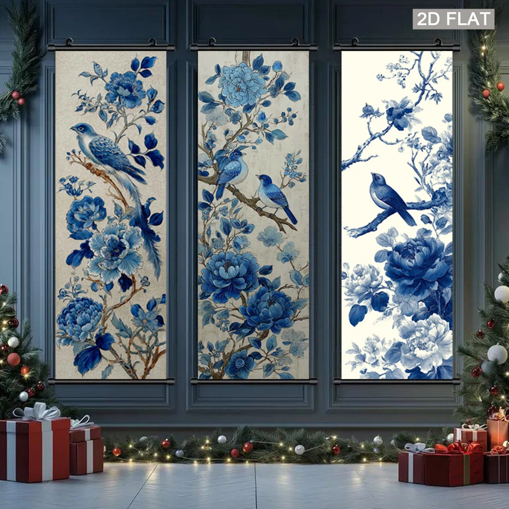 Oriental Flower Bird Tapestry, Blue Peony Wall Scroll, Fabric Art Poster, Traditional Chinese Style Bedroom Wall Hanging Decor