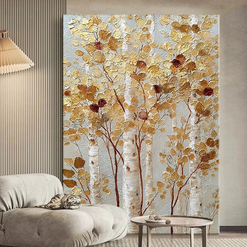 100%Hand Drawn Abstract Linen Oil Painting Texture Gold Money Trees Wall Picture For Sofa Background Decoration Hanging Painting