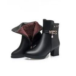 Bottes de rinçage en cuir souple pour femme, chaussures à plateforme avec ou sans optique, peluche confortable, chaussures à talons hauts, neige, printemps, hiver, 2024