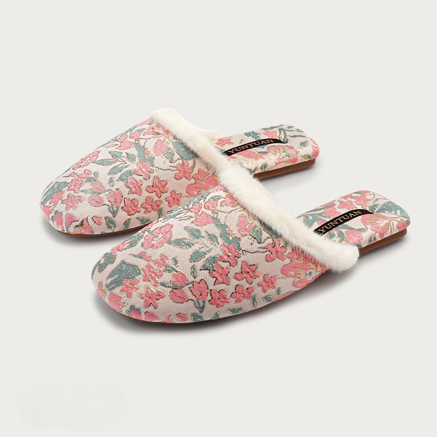 الخريف الشتاء صوف مبطن الأزهار نمط الجاكار النمط الصيني النعال القطنية الدافئة للاستخدام المنزلي للنساء مع زخرفة فرو المنك
