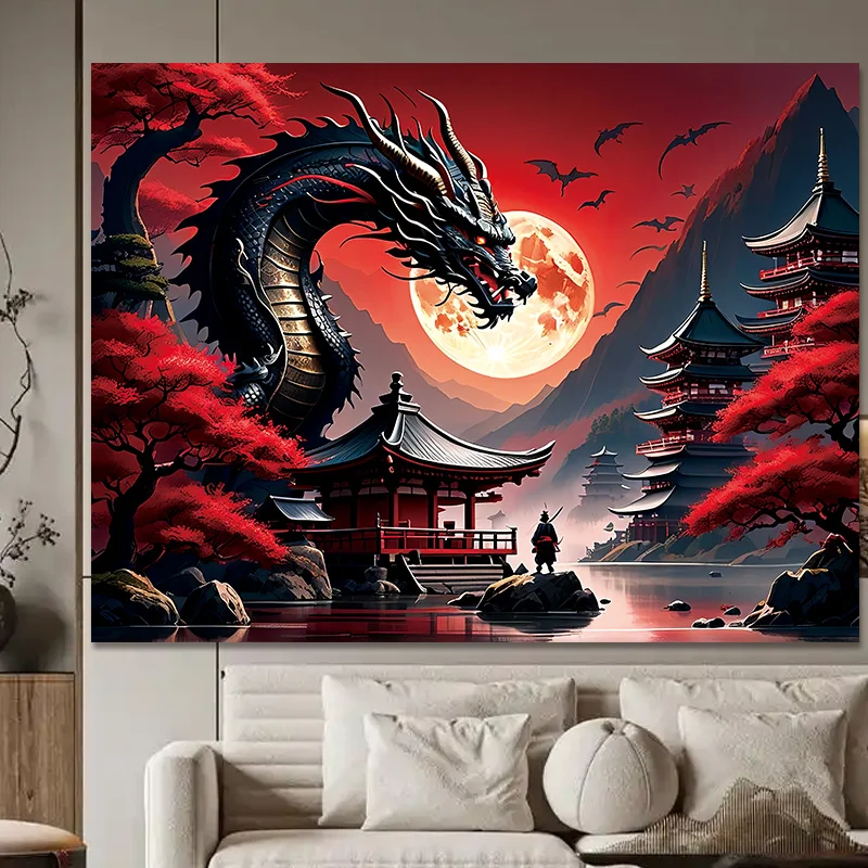 1pc Dragon and Red Moon Tapestry - Majestic Dragon, Warrior and Flaming Red Sky Artwork