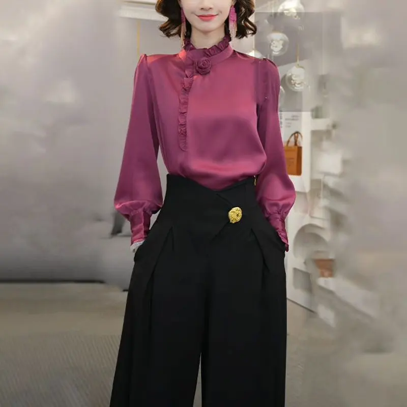 French Style Edible Tree Fungus Shirt Female Clothing Stand Collar Spring Autumn New Stylish Three-dimensional Decoration Blouse