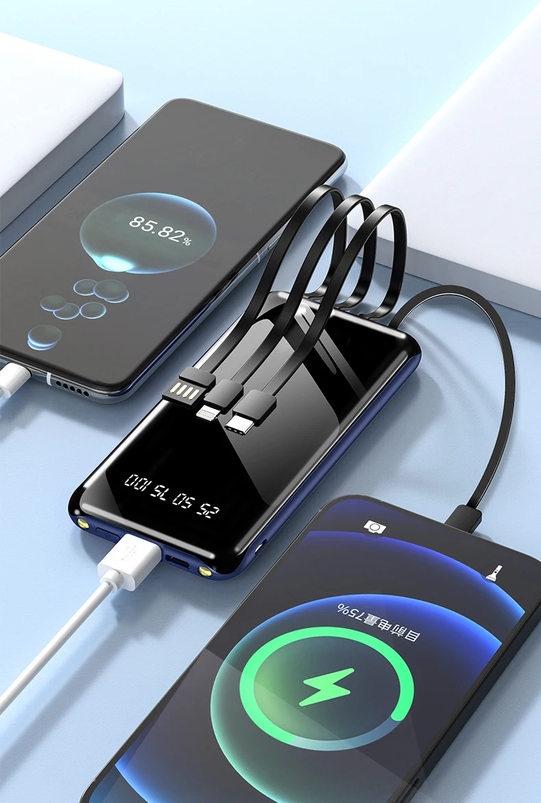 

A built-in power bank with 20000mAh fast charging for all mobile phones, equipped with a four wire power bank and LED light