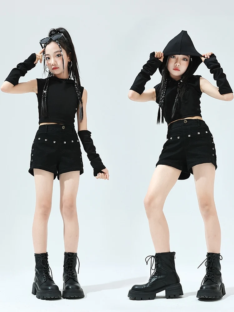 

Jazz Dance Clothes Girls Summer Hooded Crop Tops Shorts Black Suit Kids Cheerleading Dance Wear Hip Hop Outfits Cool Set BL13202