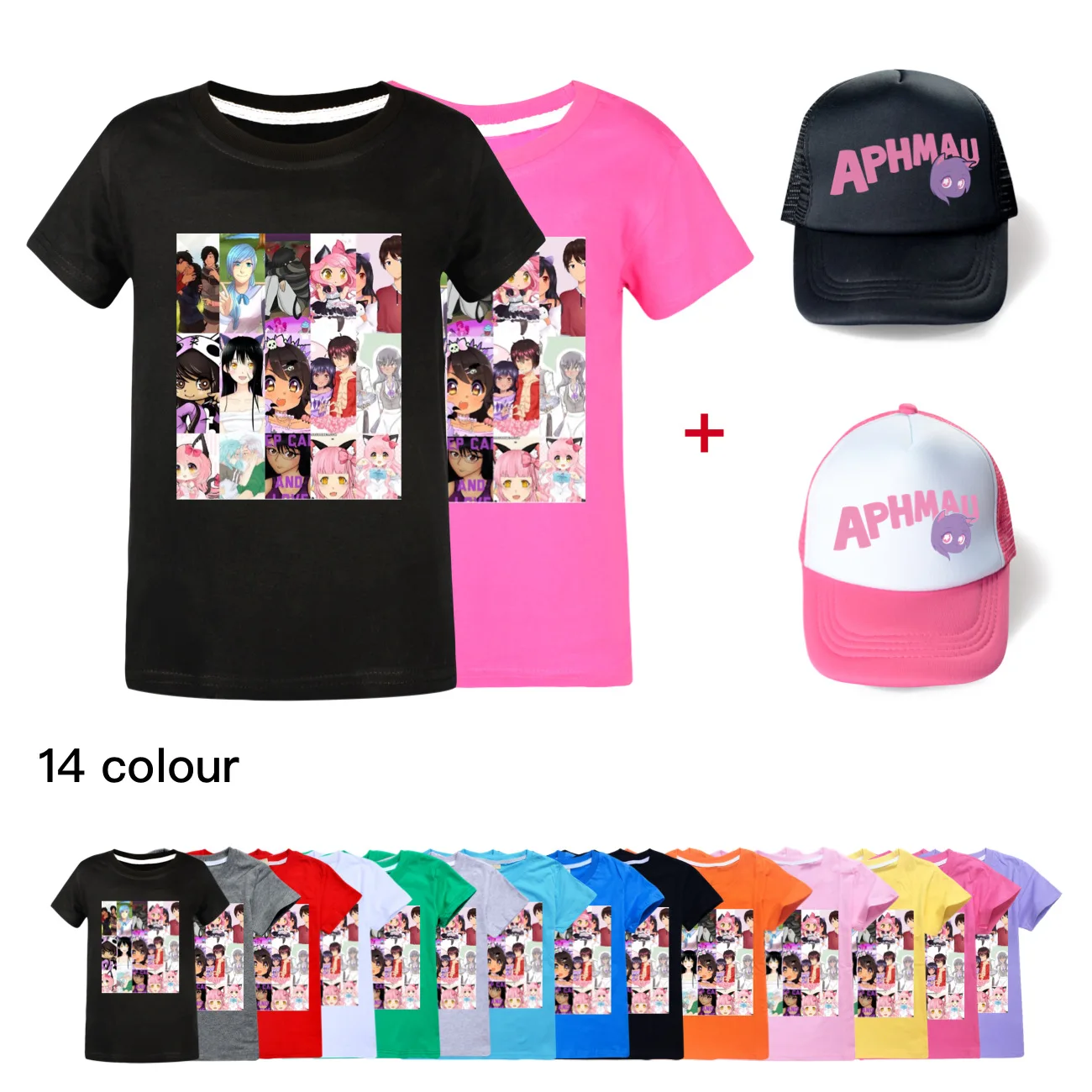 

Kawaii APHMAU Clothes Kids Cartoon Cat Aaron Lycan T-Shirt Baby Girls Funny Tshirt and Sunhat Boys Casual Short Sleeve T Shirts