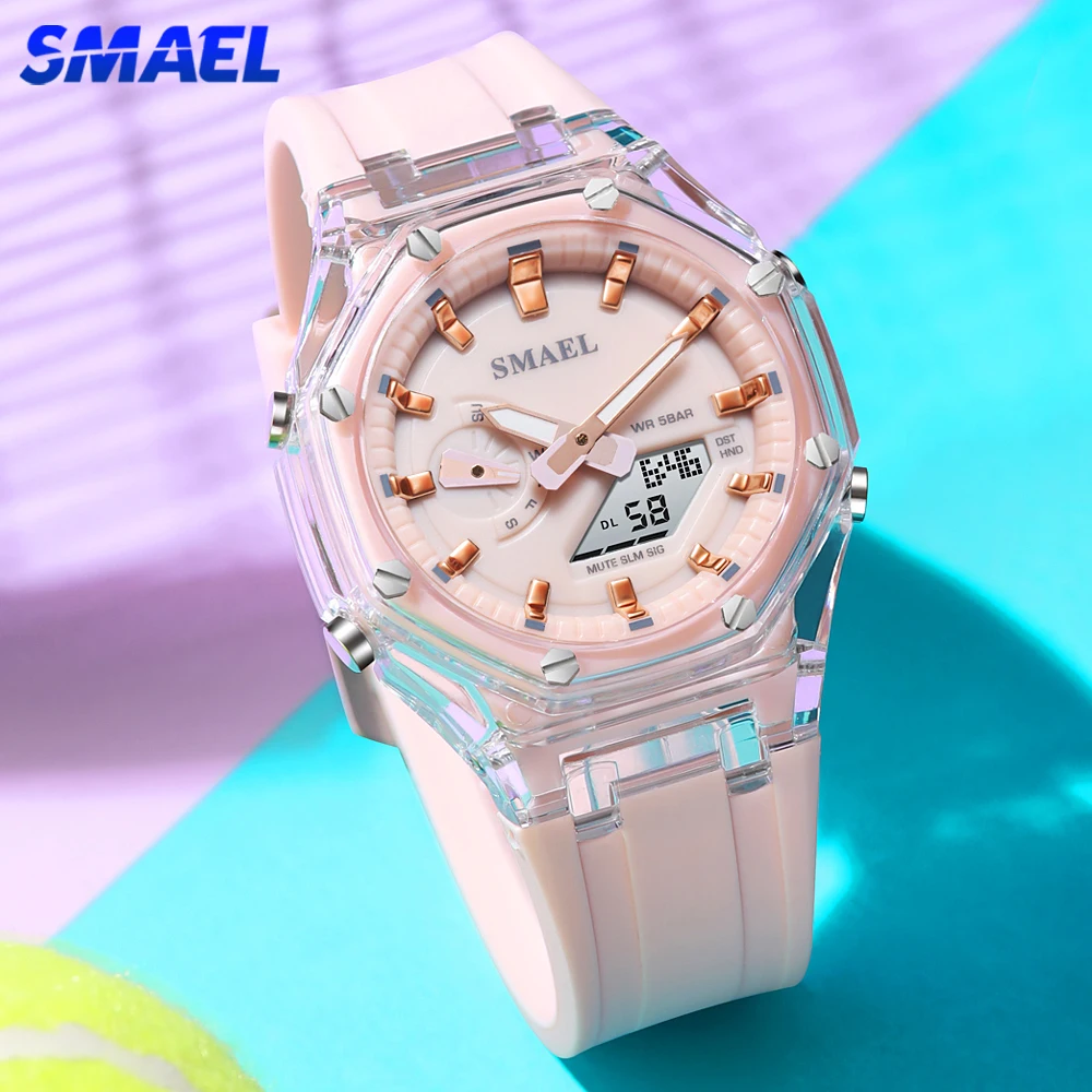 SMAEL-reloj deportivo con correa de silicona para mujer, cronógrafo de pulsera con luz trasera, informal, a la moda, con esfera de Color, resistente