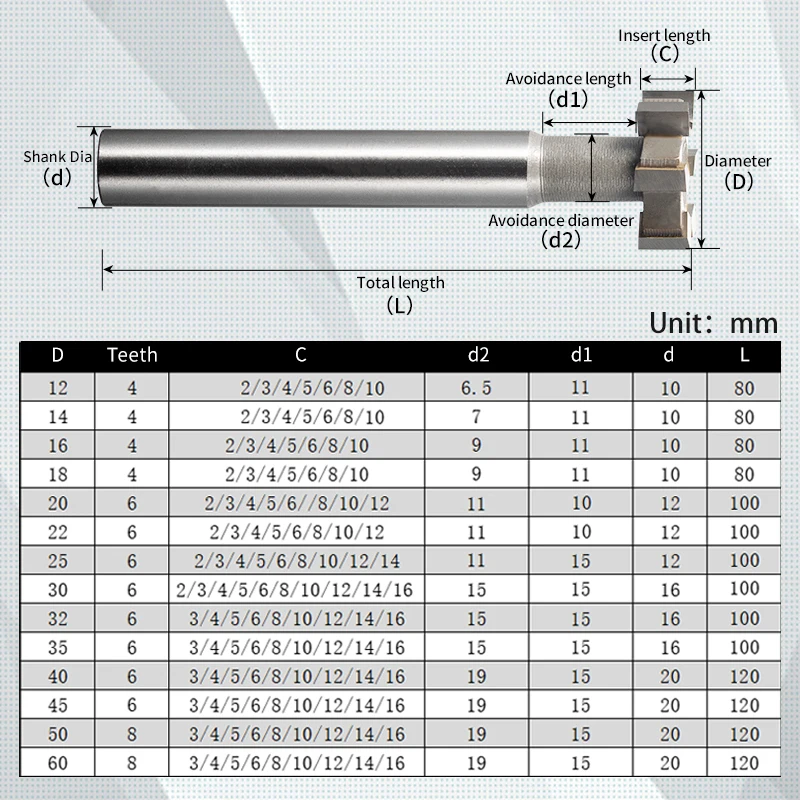 Tungstênio Aço T-Slot Fresa, Carboneto Alongar Cortador, Haste reta, Soldada Router Bit, Processamento, Espessura de 12-60mm