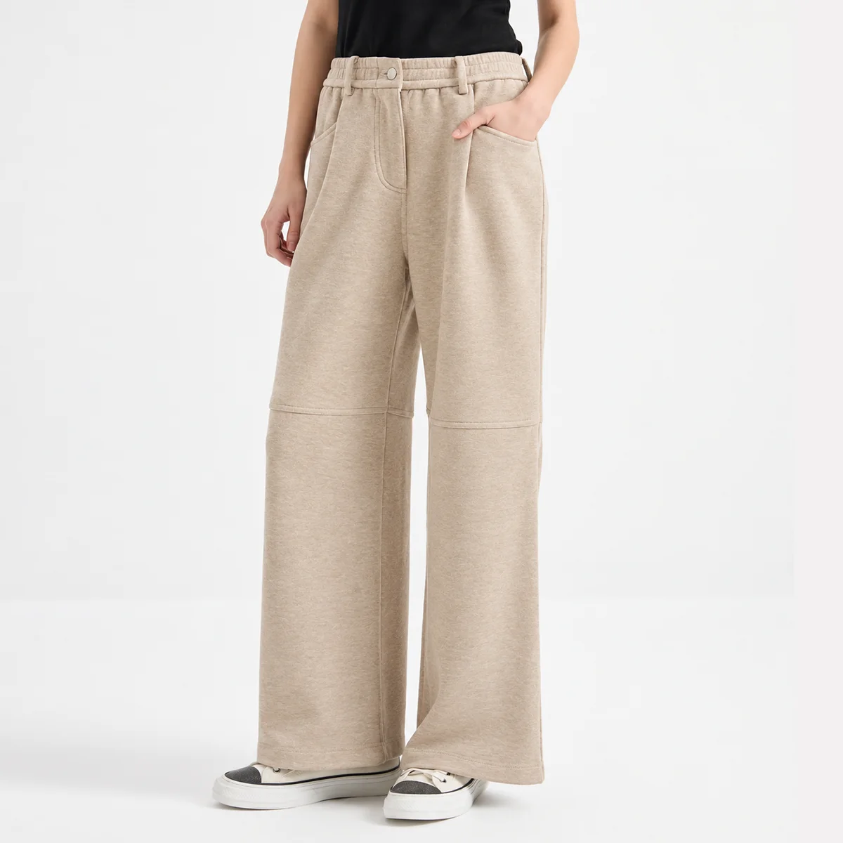 KT7624020 Women's Cashmere Blend Wide Leg Trousers Elastic Waist Knee Seam Chain Detail Old Money Early Autumn Fall