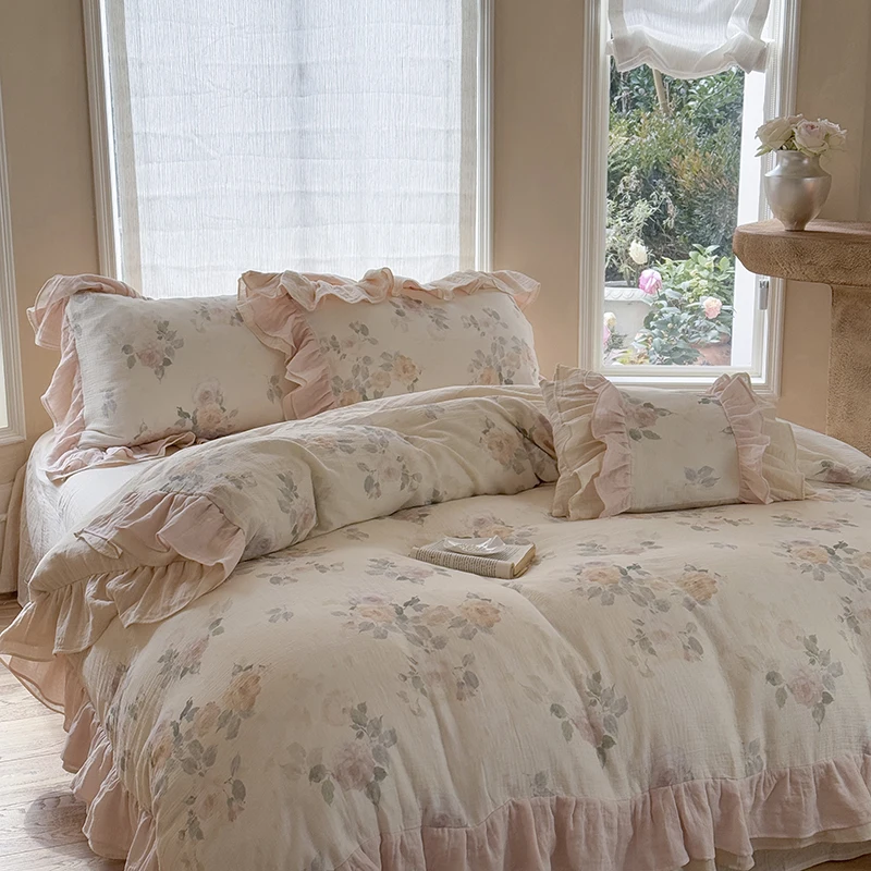 Flowers Print Ruffles Bedding Set Pure Cotton Double Layer Crinkle Yarn Soft Duvet Cover Bed Sheet/Fitted Sheet Pillowcases 4Pcs