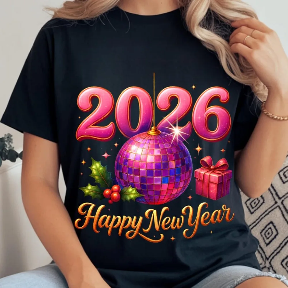 سنة سعيدة 2026 العصرية ليلة رأس السنة المرأة قميص السنة الجديدة الجرافيك تي شيرت الرجعية السنة الجديدة ديسكو الكرة الجرافيك Y2k بلايز القمصان #1