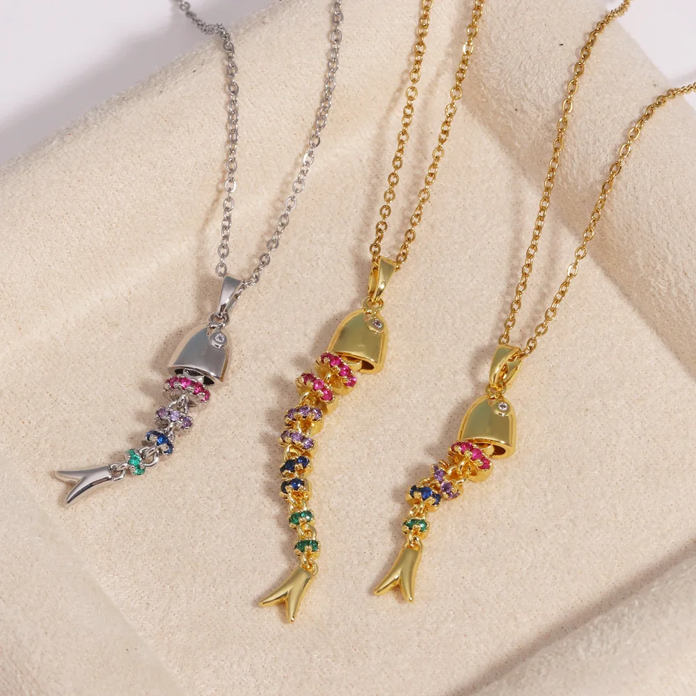 Collar con Colgante de Espina de Pescado de Acero Inoxidable, con Circonitas Multicolores, Pez Tropical Oscilante, Pez Koi, Pez Dorado, Joyería, Regalo