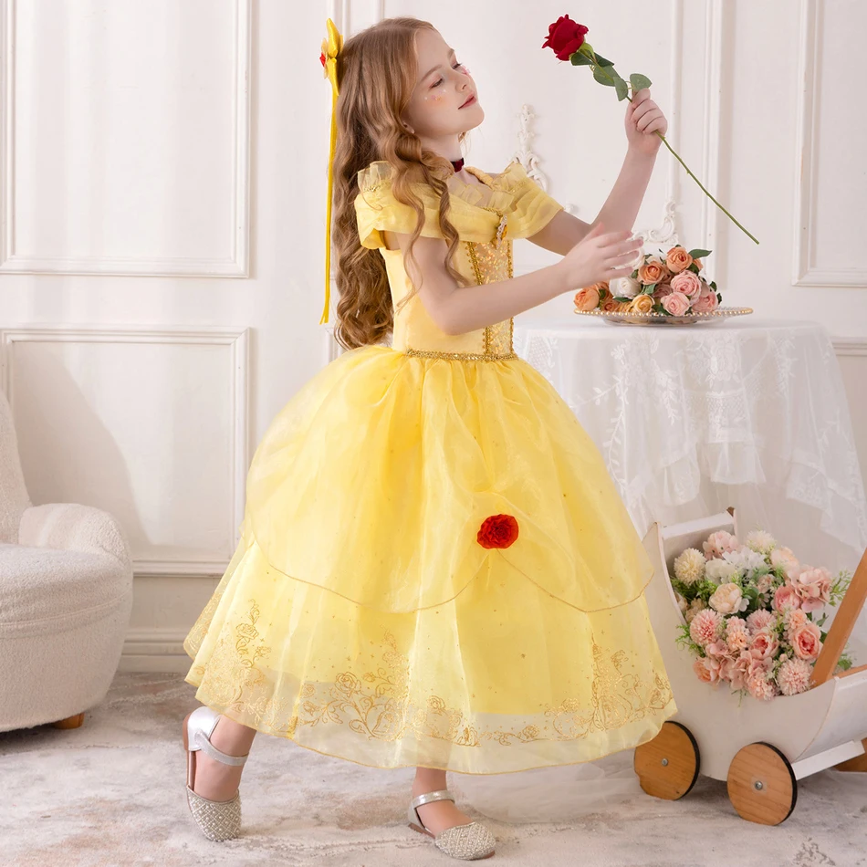 Girls Beauty Beast Classic Belle Cosplay Princess Costume Halloween Fairy Tale Clothing Party Carnival Birthday Elegant Gown