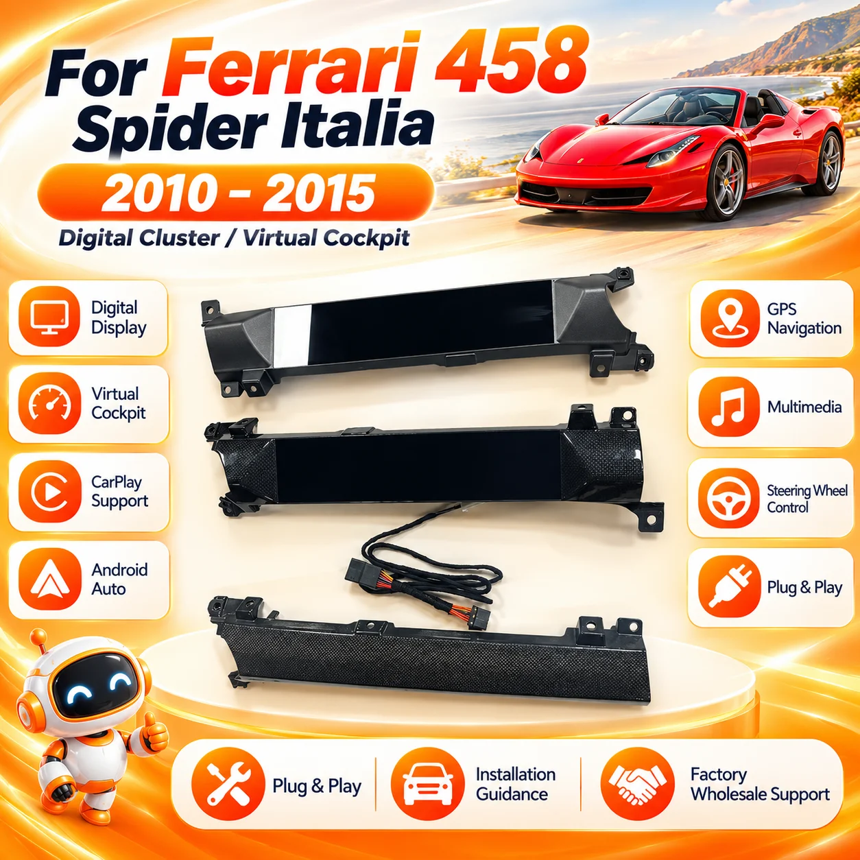 Car Radio For Ferrari 458 Spider Italia 2010-2015 Digital Cluster Virtual Cockpit Speed Meter Car Dashboard AI 4G Screen Carplay