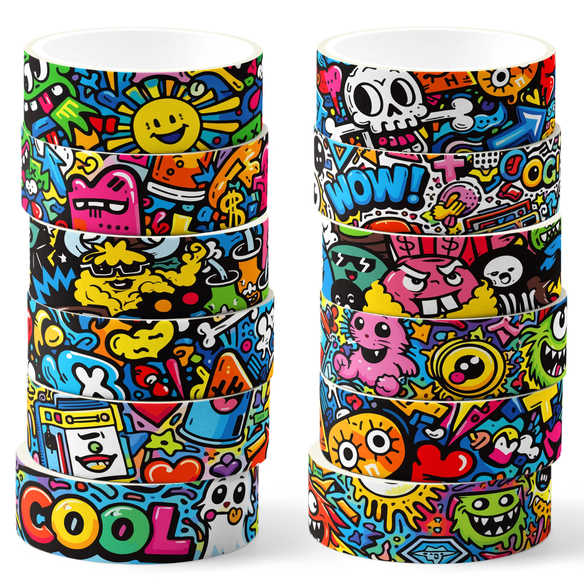 12 Rolls Cartoon Doodle Graffiti Washi Tape Set,Decorative Paper Stickers,Craft Tape for Scrapbooking Decoration Party Supplies