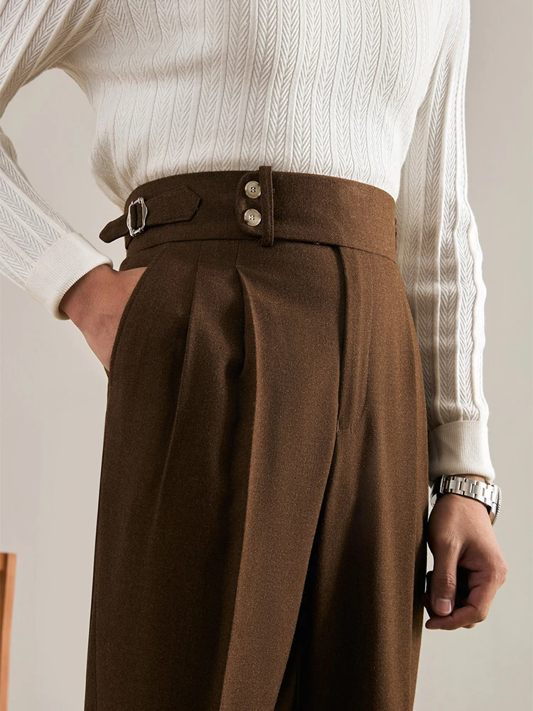 Trendy High Waist Belt Design Suit Trousers For Mens Spring Fall Casual Solid Color Pleated Slim Pants Men Vintage Straight Pant