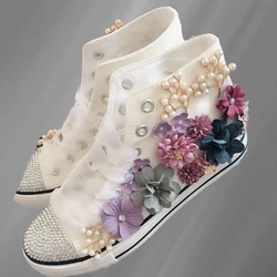 White flower pearl rhinestone party wedding canvas shoes handmade custom large size high top casual women's shoes 35-40