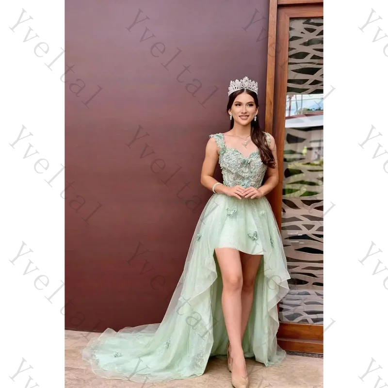 Customized High Low Tulle Short Quinceanera Dresses 3D Butterfly Lace Applique Ball Gown Sparkly Princess Mini Ball Gown