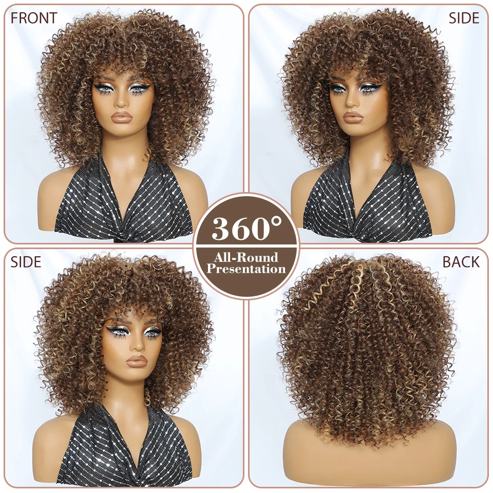 Pelucas Afro cortas sintéticas de color marrón ombré para mujeres negras, peluca rizada Bob de 14 pulgadas con flequillo, pelucas de Cosplay de pelo rizado rosa ombré