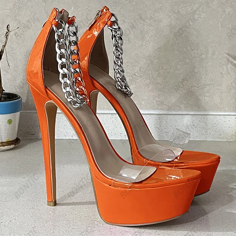 Rontic New Arrival Women Platform Sandals Sexy Chain Stiletto Heels Open Toe Pretty Silver DRESS Shoes US Plus Size 5-20