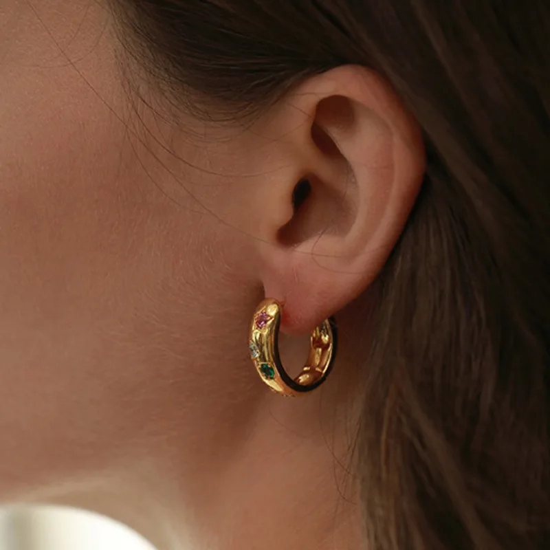 Elegante bunte Zirkon-Creolen, Piercing, Damen-Zubehör, 2025, exquisite runde Edelstahl-Ohrringe, Party-Schmuck, Geschenk – Detail 4