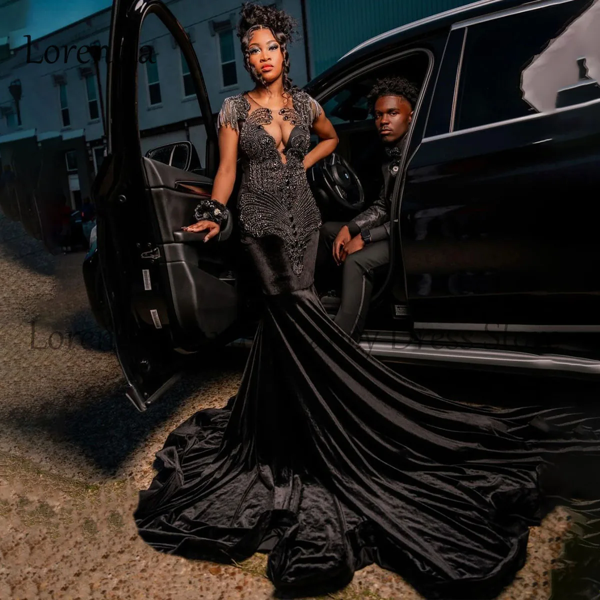 Sparkly Black Beaded Long Mermaid Prom Dresses For Black Girl Crystals Evening Party Gowns Sleeveless Diamond vestidos de gala