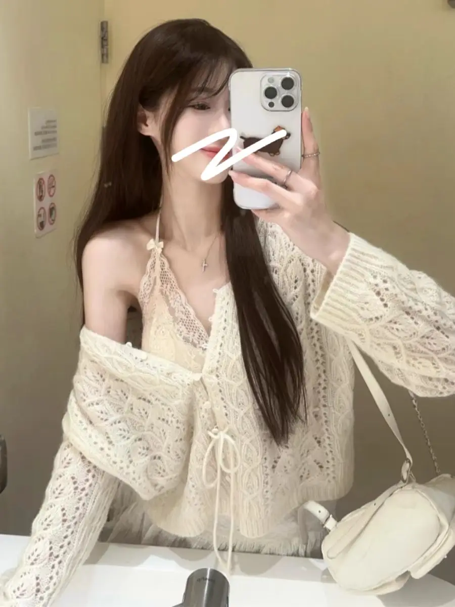 

Romantic Sweet Date Hollow out Knitted Sweater Women's Fashion V-neck Long Sleeve Cardigan Pure Desire Top for Autumn