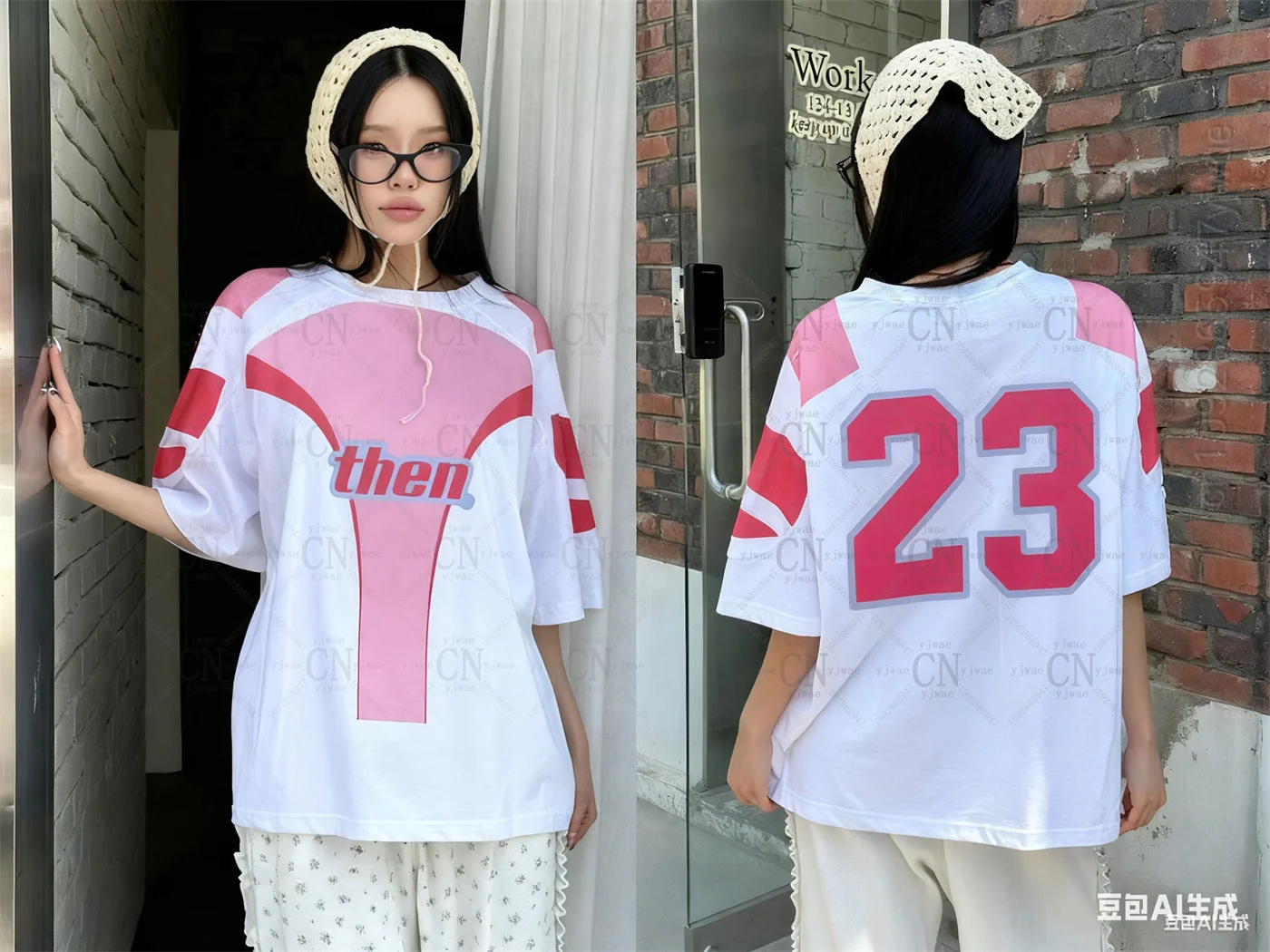 الكورية نمط جديد 23 طباعة الجرافيك تي شيرت س الرقبة ملابس رياضية فضفاضة قصيرة الأكمام المألوف الشارع ارتداء Y2k تي شيرت المرأة #1