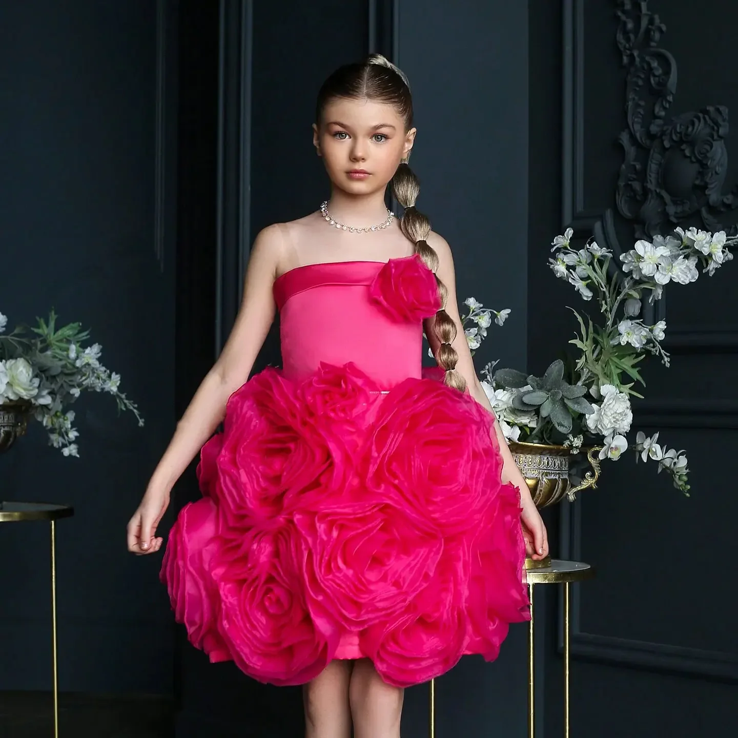 فستان فتاة فوشيا أنيق مع الزهور الصناعية الأبيض للأطفال الأميرة حفل زفاف وعيد ميلاد الأطفال ثوب J157