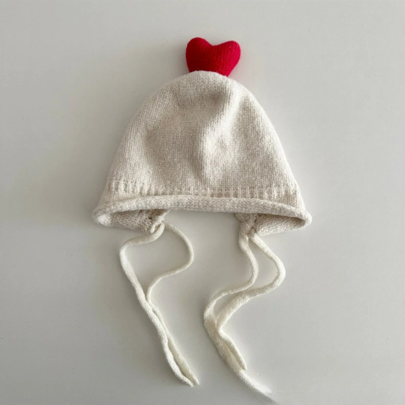 Topi Rajut Korea Gaya Musim Gugur dan Musim Dingin dengan Warna Solid, Tali, Pelindung Telinga, dan Topi Wol Hangat Bergaya untuk Anak-anak.