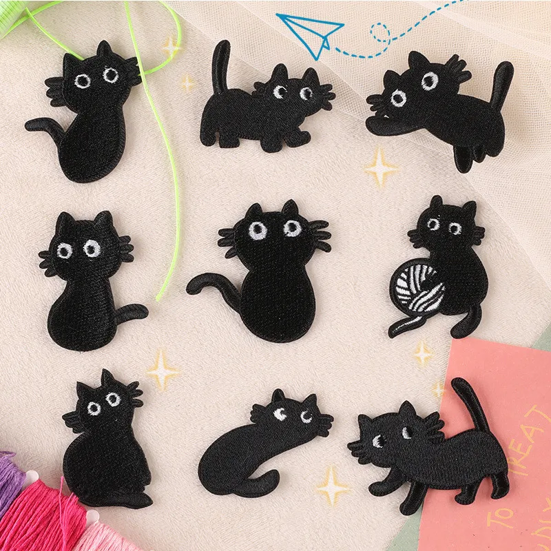 Black Cat Embroidery Badges Iron On Patches On Clothes DIY Dress Jeans Hat Clothing Accesories Cartoon Applique Stickers