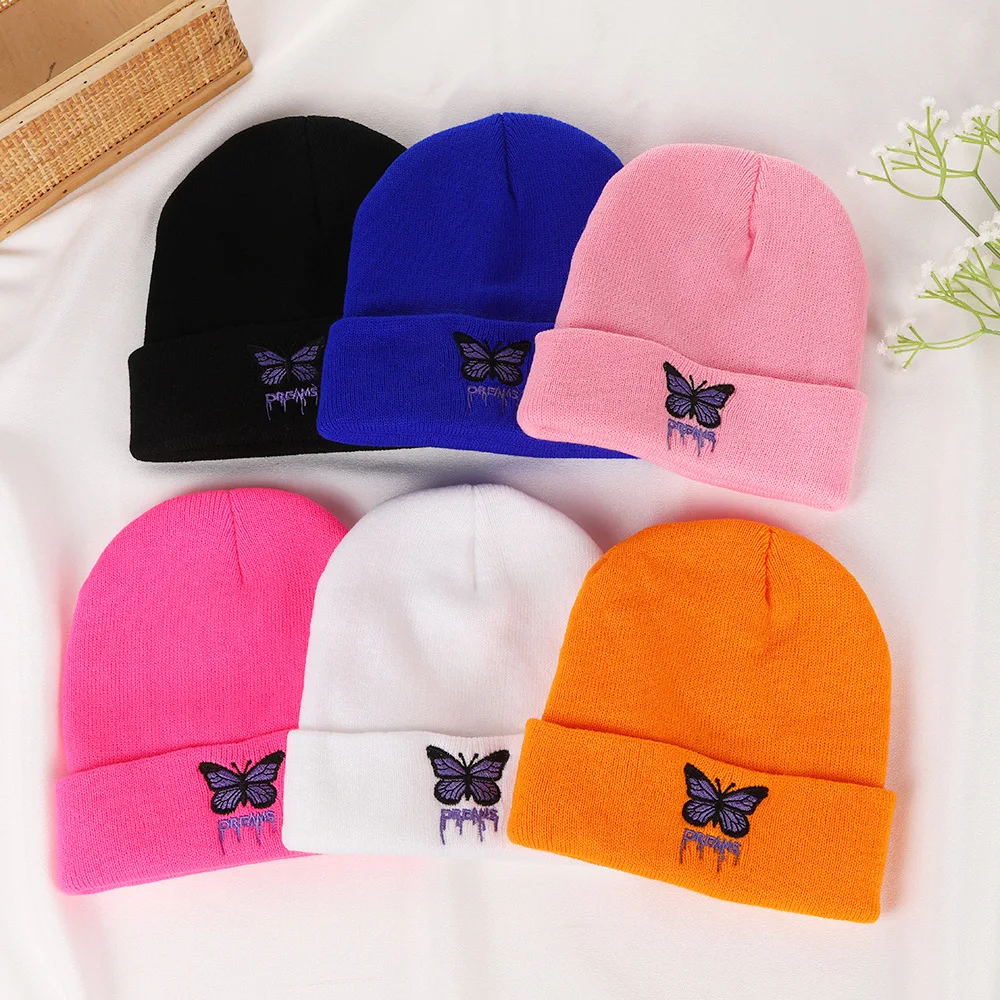 Stylish butterfly embroidered knitted hat Alphabet multicolor premium embroidered hat knitted winter warm woolen hat