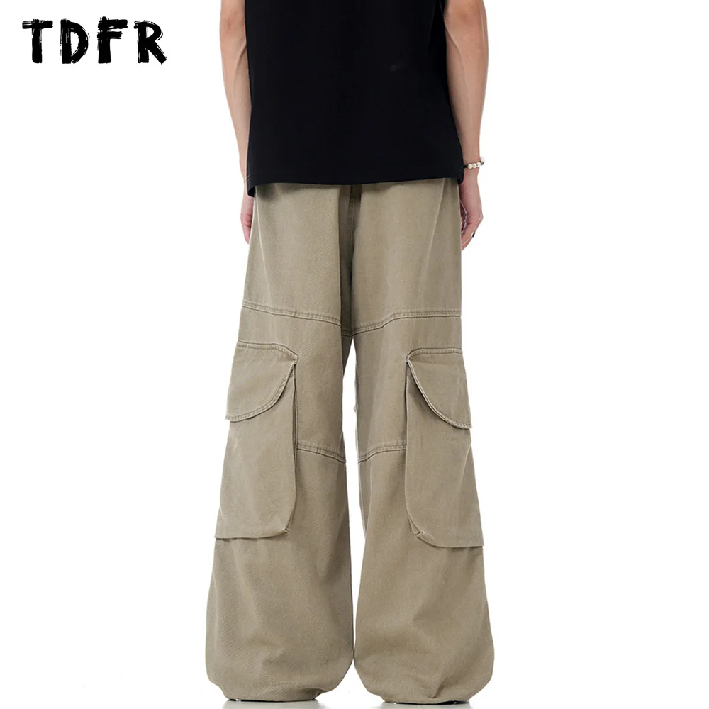 Multi-Pocket Solid Color Cargo Pants Mens Spliced Retro Safari Style Loose Straight Wide Leg Joggers Pants Men Trousers