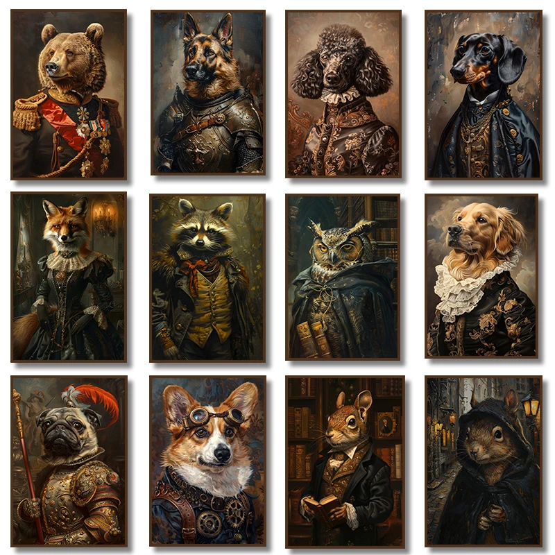 Victorian Gothic Poodle Golden Retriever Bear Raccoon Squirrel Owl Poster Print Dark Academia Canvas Painting Print Home Decor