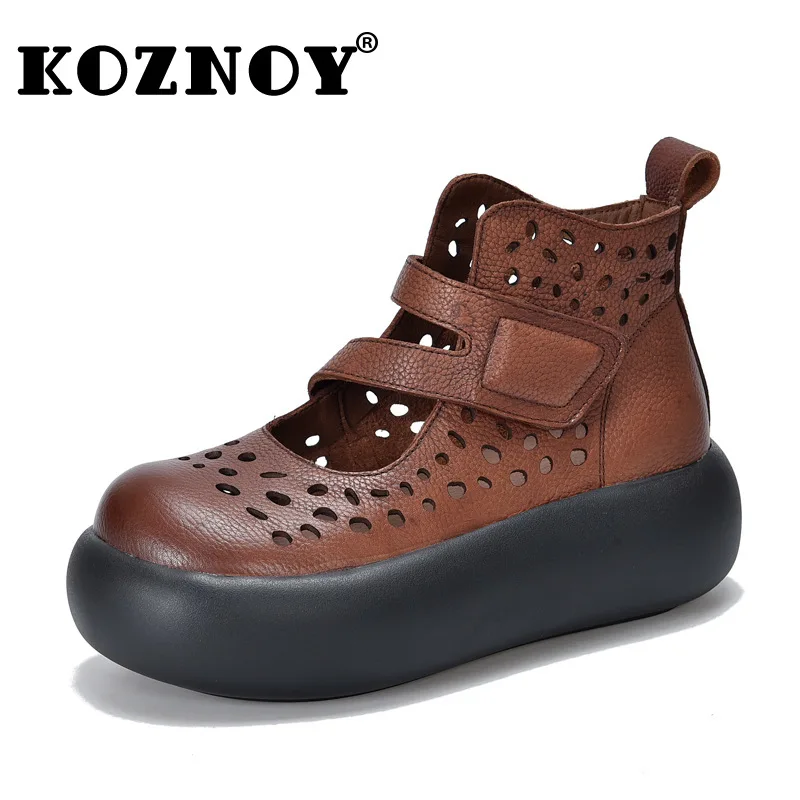 

Koznoy 6cm Genuine Leather Sandals Boots Platform Wedge Hook Pumps Chunky Sneaker Booties Summer Women Hollow Mary Jane Shoes