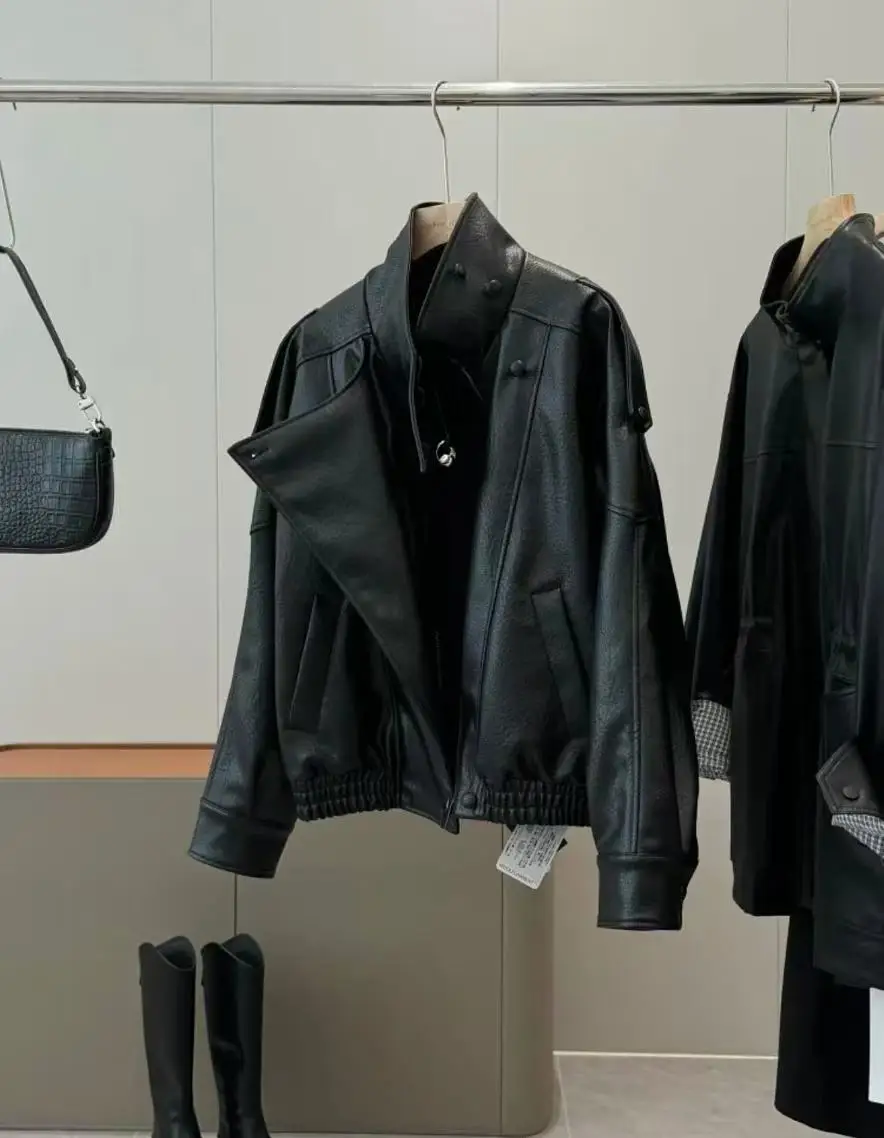 Alta qualiCasual Chic Giacche di pelle nera Donna Manica lunga Bottoni Elastici Cappotti oversize Moda 2026 Autunno Streetwear Cappotti